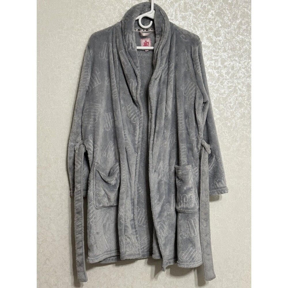 Juicy Couture Embossed Luxe‎ Soft Plush Robe Gray Pockets Long Sleeve EUC Sz S M